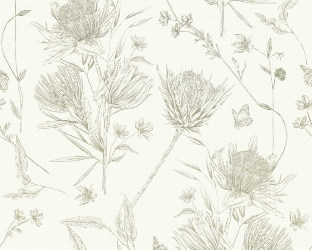 Vliesové tapety zelené kreslené rastliny na bielom pozadí, 39427-3 Drawn into Nature